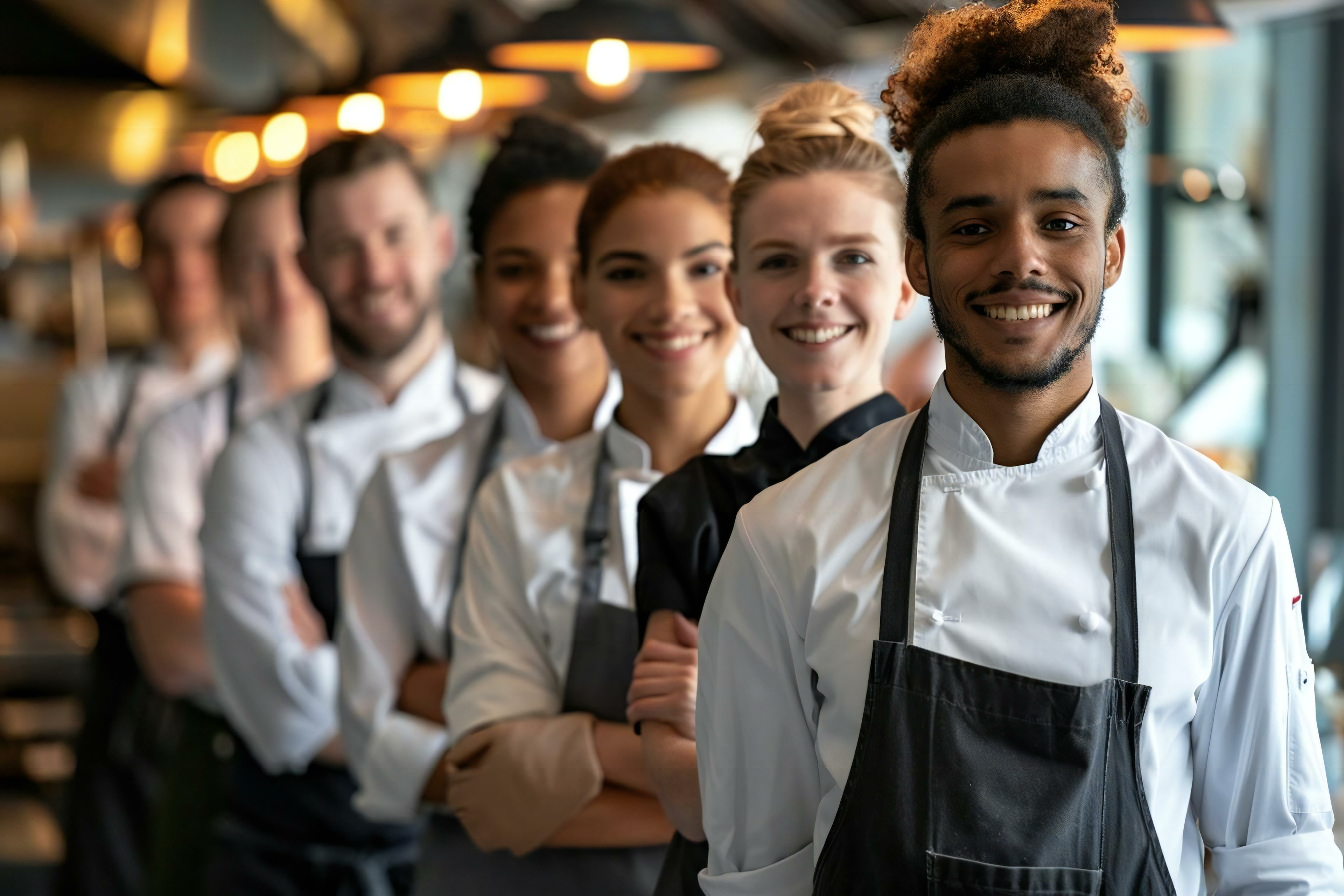 A team of smiling hospitality professionals ready to work